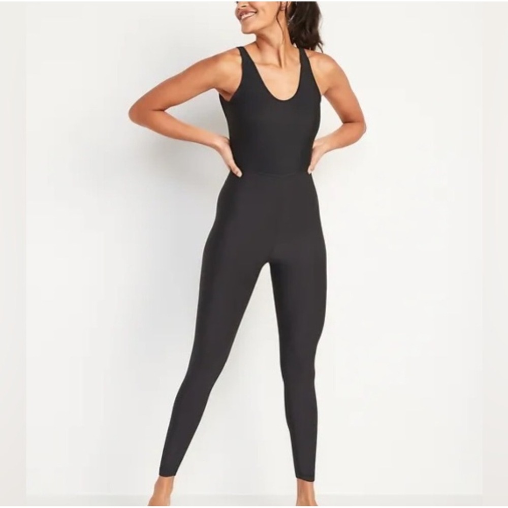 Old Navy Bodysuit Women Small Black PowerSoft Go-Dry Scoop Back Unitard